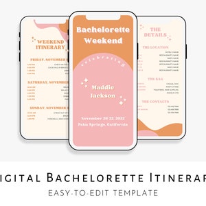 Modèle d&#39;itinéraire numérique Bachelorette, invitation numérique Bachelorette, week-end Boho Bachelorette, modèle de planificateur d&#39;itinéraire, modifiable