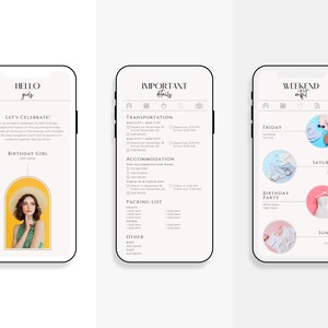 Pu&ograve; includere: Tre schermate di smartphone con informazioni su una gita di fine settimana. La prima schermata dice "Hello girls" e ha una foto di una donna. La seconda schermata dice "Important details" e ha informazioni su trasporto, alloggio e imballaggio. La terza schermata dice "Weekend outfit" e ha un elenco di abiti per ogni giorno del fine settimana.
