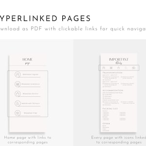 Pu&ograve; includere: Un documento PDF stampabile con pagine ipercollegate per un viaggio di fine settimana. La pagina iniziale contiene link a pagine per la squadra di compleanno, il programma del fine settimana, l'outfit del fine settimana, i dettagli importanti e l'atmosfera del fine settimana. La pagina dei dettagli importanti contiene sezioni per il trasporto, l'alloggio, la lista di imballaggio e altre.