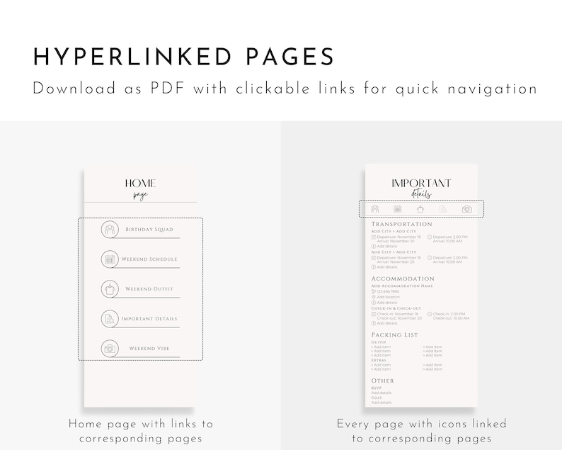 Pu&ograve; includere: Un documento PDF stampabile con pagine ipercollegate per un viaggio di fine settimana. La pagina iniziale contiene link a pagine per la squadra di compleanno, il programma del fine settimana, l'outfit del fine settimana, i dettagli importanti e l'atmosfera del fine settimana. La pagina dei dettagli importanti contiene sezioni per il trasporto, l'alloggio, la lista di imballaggio e altre.