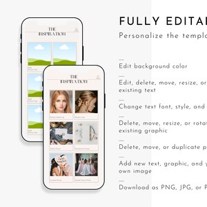 K&ouml;nnte beinhalten: Ein Mockup eines Handybildschirms, auf dem eine Vorlage f&uuml;r einen Hochzeitsinspirationsleitfaden angezeigt wird. Die Vorlage tr&auml;gt den Titel "The Inspiration" und enth&auml;lt Abschnitte f&uuml;r Fotos vom Make-up der Braut, ihren Haaren, Details, der Rezeption und dem Paar. Der Text "FULLY EDITABLE" erscheint &uuml;ber dem Handybildschirm, zusammen mit Anweisungen zum Anpassen der Vorlage.