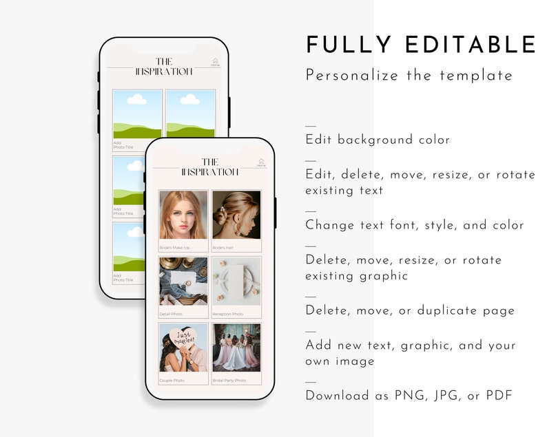 K&ouml;nnte beinhalten: Ein Mockup eines Handybildschirms, auf dem eine Vorlage f&uuml;r einen Hochzeitsinspirationsleitfaden angezeigt wird. Die Vorlage tr&auml;gt den Titel "The Inspiration" und enth&auml;lt Abschnitte f&uuml;r Fotos vom Make-up der Braut, ihren Haaren, Details, der Rezeption und dem Paar. Der Text "FULLY EDITABLE" erscheint &uuml;ber dem Handybildschirm, zusammen mit Anweisungen zum Anpassen der Vorlage.