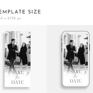 Peut inclure: Photographie en noir et blanc d'un couple se tenant la main et marchant dans une rue de la ville. La photo est dans un cadre de t&eacute;l&eacute;phone avec le texte "Save the Date" en bas.