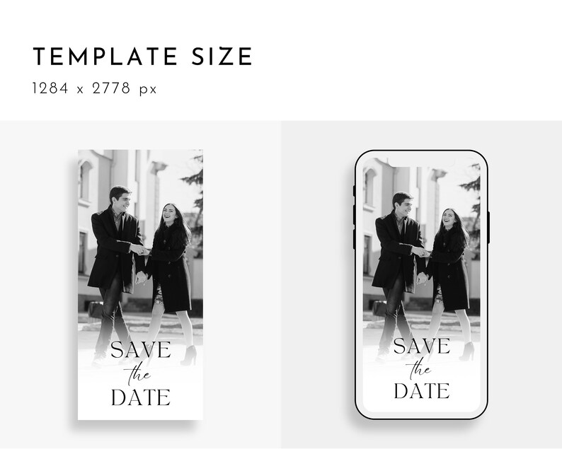 Peut inclure: Photographie en noir et blanc d'un couple se tenant la main et marchant dans une rue de la ville. La photo est dans un cadre de t&eacute;l&eacute;phone avec le texte "Save the Date" en bas.