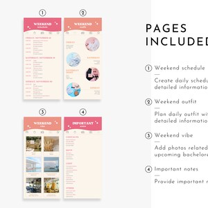May include: Four printable pages for planning a hen do weekend. The pages include a weekend schedule, weekend outfit ideas, weekend vibe photos, and important notes.