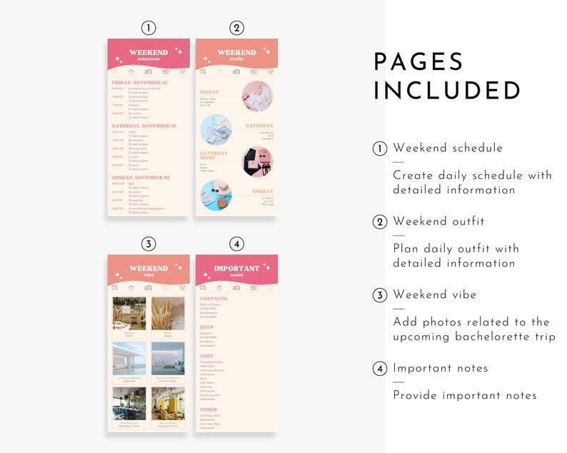 May include: Four printable pages for planning a hen do weekend. The pages include a weekend schedule, weekend outfit ideas, weekend vibe photos, and important notes.