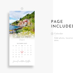Peut inclure: Une page de calendrier avec une photo du lac de C&ocirc;me, en Italie. Le calendrier est pour octobre 2027 et a un c&oelig;ur rose marquant le 17. Le texte "invitation formelle &agrave; suivre" est en bas de la page.