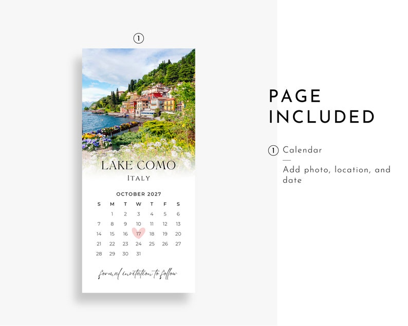 Peut inclure: Une page de calendrier avec une photo du lac de C&ocirc;me, en Italie. Le calendrier est pour octobre 2027 et a un c&oelig;ur rose marquant le 17. Le texte "invitation formelle &agrave; suivre" est en bas de la page.