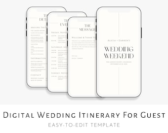 Peut inclure: Un modèle d'itinéraire de mariage numérique pour les invités. Le modèle est conçu pour être facile à modifier et comprend des sections pour le calendrier des événements, le message de bienvenue et des détails sur le week-end de mariage. Le modèle est affiché sur trois écrans de smartphone.
