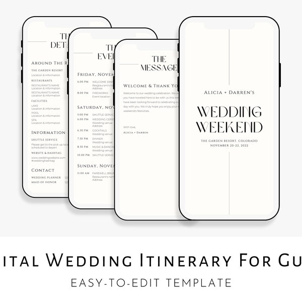 Digital Wedding Itinerary Template For Guests, Minimalist Wedding Weekend Itinerary, Destination Wedding Timeline, Digital Template Download