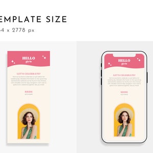 May include: A pink and white mobile phone screen mockup with a pink banner at the top that says "Hello girls" and a white banner below that says "Let's Celebrate!" The banner also includes a white star on each side. The phone screen shows a woman wearing a yellow top and a straw hat. The background is a light yellow colour.