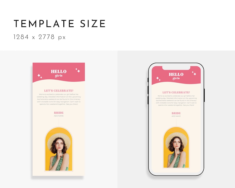 May include: A pink and white mobile phone screen mockup with a pink banner at the top that says "Hello girls" and a white banner below that says "Let's Celebrate!" The banner also includes a white star on each side. The phone screen shows a woman wearing a yellow top and a straw hat. The background is a light yellow colour.