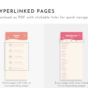 May include: Two pink and cream coloured pages with a list of items and icons. The first page is titled "HOME page" and the second page is titled "IMPORTANT notes".