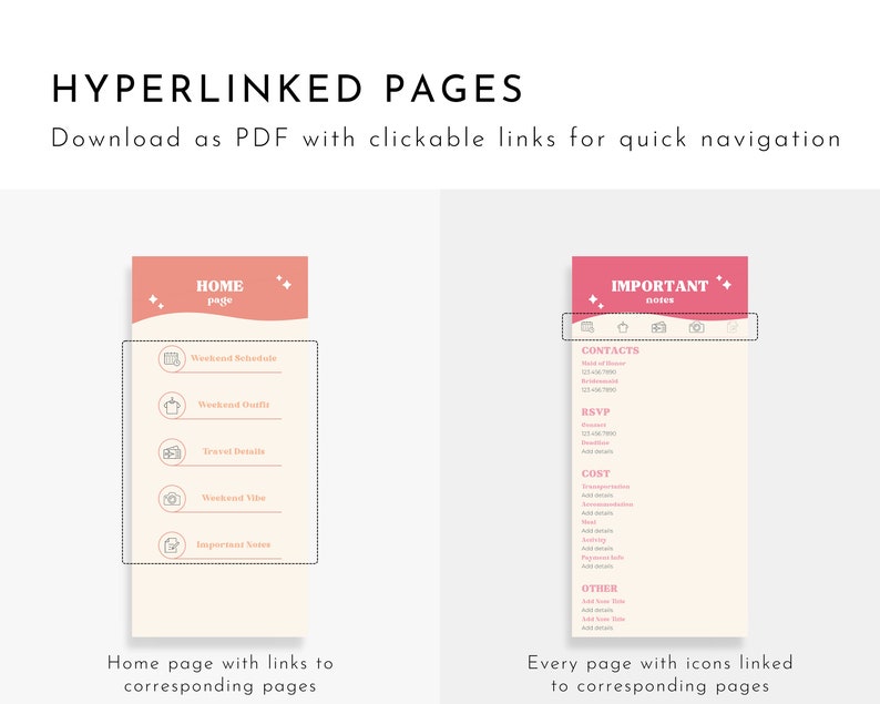 May include: Two pink and cream coloured pages with a list of items and icons. The first page is titled "HOME page" and the second page is titled "IMPORTANT notes".