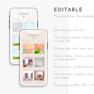 Pu&ograve; includere: Un mockup di uno schermo di telefono che mostra un modello per un'app di pianificazione dell'atmosfera del fine settimana. L'app ha un layout a griglia con diverse categorie come "Colori", "Temi", "Luogo per feste di compleanno", "Alloggio", "Ristorante per la cena del venerd&igrave;" e "Ristorante per il brunch della domenica". Il testo "WEEKEND vibe" &egrave; in cima allo schermo. Il testo "EDITABLE" &egrave; in cima allo schermo con istruzioni su come personalizzare il modello.