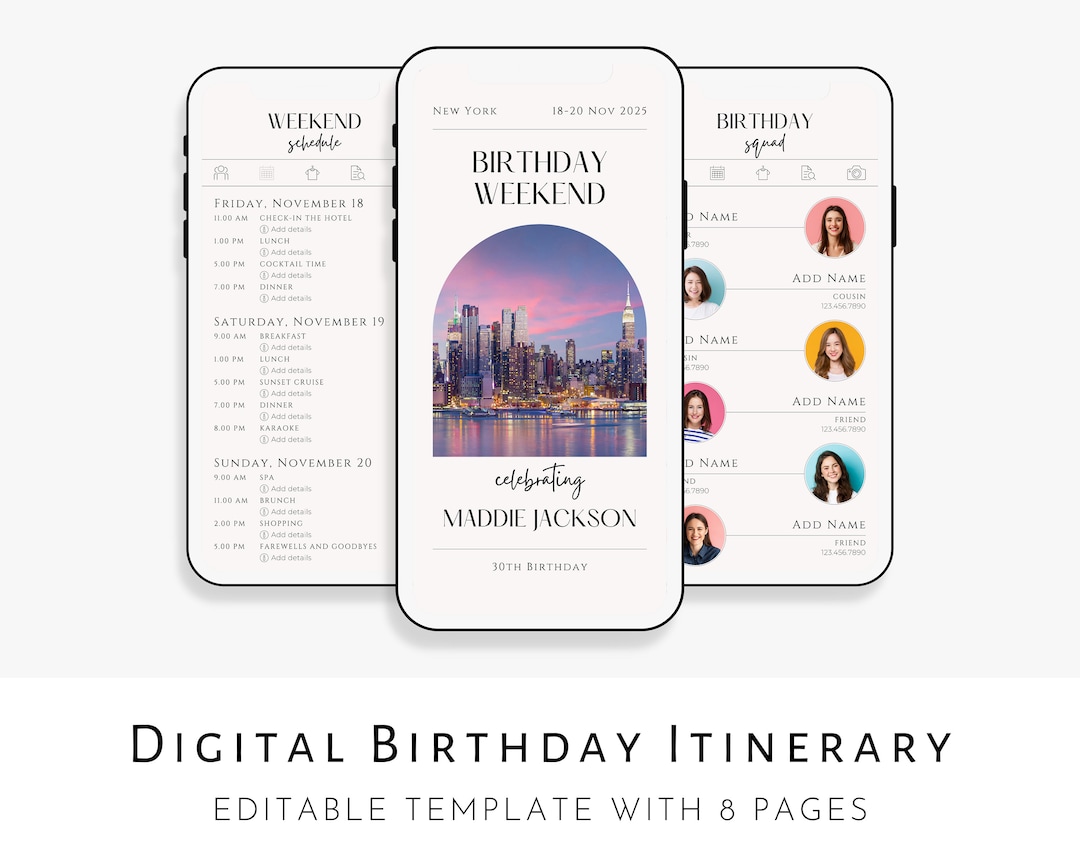 Digital Birthday Weekend Itinerary Template, Birthday Invitation ...