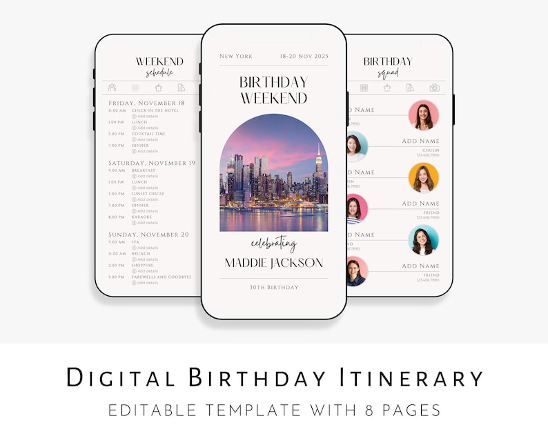 Pu&ograve; includere: Un modello di itinerario di compleanno digitale con 8 pagine. Il modello presenta uno sfondo di citt&agrave; con un tramonto rosa e arancione. Il testo "Birthday Weekend" &egrave; visualizzato in bianco e nero. Il modello include un programma per venerd&igrave;, sabato e domenica. Il modello include anche una sezione per aggiungere nomi e foto degli ospiti.