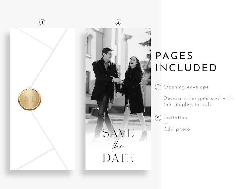 Peut inclure: Une photo en noir et blanc d'un couple marchant dans la rue. La photo est sur une carte blanche avec le texte "SAVE the DATE" en noir. La carte fait partie d'un ensemble d'invitation de sauvegarde de la date qui comprend une enveloppe avec un sceau de cire dor&eacute;.