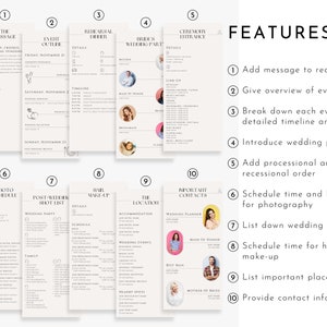 K&ouml;nnte beinhalten: Eine druckbare Checkliste f&uuml;r die Hochzeitsplanung mit 10 Abschnitten, darunter die Nachricht an die Leser, der Ablaufplan, das Probeessen, die Hochzeitsgesellschaft der Braut, der Einzug zur Trauung, der Fotoplan, die Liste der Fotos nach der Hochzeit, Haare und Make-up, der Ort und wichtige Kontakte. Jeder Abschnitt enth&auml;lt Details, Zeitpl&auml;ne und Listen.