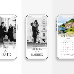 Peut inclure: Trois maquettes d'&eacute;cran de t&eacute;l&eacute;phone pour une annonce de sauvegarde de la date de mariage. La premi&egrave;re maquette montre une photo en noir et blanc d'un couple marchant dans la rue. La deuxi&egrave;me maquette montre une photo en noir et blanc d'un couple qui s'embrasse. La troisi&egrave;me maquette montre une photo du lac de C&ocirc;me en Italie avec un calque de calendrier. Le calendrier met en &eacute;vidence le 17 octobre avec un c&oelig;ur rose.