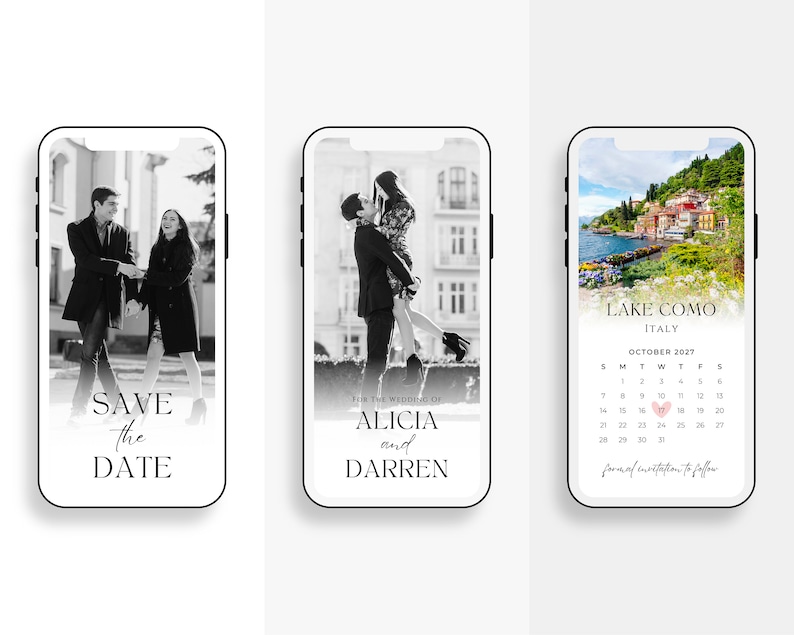 Peut inclure: Trois maquettes d'&eacute;cran de t&eacute;l&eacute;phone pour une annonce de sauvegarde de la date de mariage. La premi&egrave;re maquette montre une photo en noir et blanc d'un couple marchant dans la rue. La deuxi&egrave;me maquette montre une photo en noir et blanc d'un couple qui s'embrasse. La troisi&egrave;me maquette montre une photo du lac de C&ocirc;me en Italie avec un calque de calendrier. Le calendrier met en &eacute;vidence le 17 octobre avec un c&oelig;ur rose.