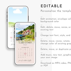 Peut inclure: Mod&egrave;le d'invitation num&eacute;rique &eacute;ditable avec une photo du lac de C&ocirc;me, en Italie. Le mod&egrave;le comprend un calendrier pour octobre 2027 et le texte "Lac de C&ocirc;me, Italie".