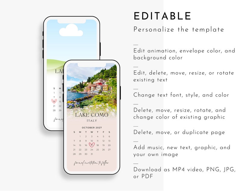 Peut inclure: Mod&egrave;le d'invitation num&eacute;rique &eacute;ditable avec une photo du lac de C&ocirc;me, en Italie. Le mod&egrave;le comprend un calendrier pour octobre 2027 et le texte "Lac de C&ocirc;me, Italie".