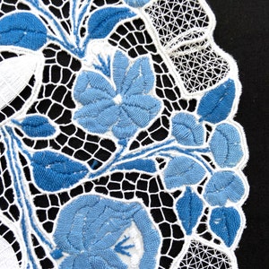 Blue and white Hungarian doily. Hand embroidered floral table top. Authentic floral Hungarian lace