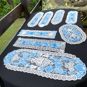 Blue and white Hand embroidered  HUNGARIAN  lace doilies, serviettes made in Kalocsa table runner set Hand embroidered dining room decor