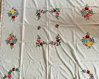 Antique Hungarian Linen Tablecloth, Hand Embroidered Floral Decor