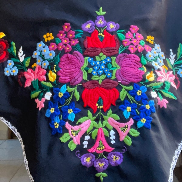 Black Handmade traditional Hungarian embroidered shawl with floral pattern made in Kalocsa. Handmade embroidery vintage humeral veil