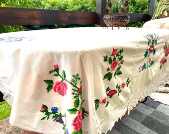 ANTIQUE embroidery handmade tablecloth, kitchen table top with  pink and red flowers. Colorful large Handmade  embroidery flat embroidery.