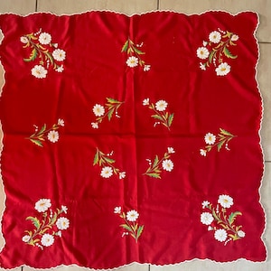 Red and white Hand embroidered  authentic Hungarian handmade vintage tablecloth