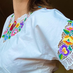 Handmade vintage Hungarian  Kalocsa Embroidered Blouse – Traditional Wedding Outfit. Hungarian Folk Art Blouse – Colorful Kalocsa Embroidery