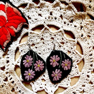Hungarian Floral Embroidered Earrings: Handmade Vintage Jewelry