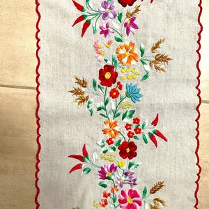 Hand Embroidered Linen Tablecloth: Vintage Hungarian Floral Runner