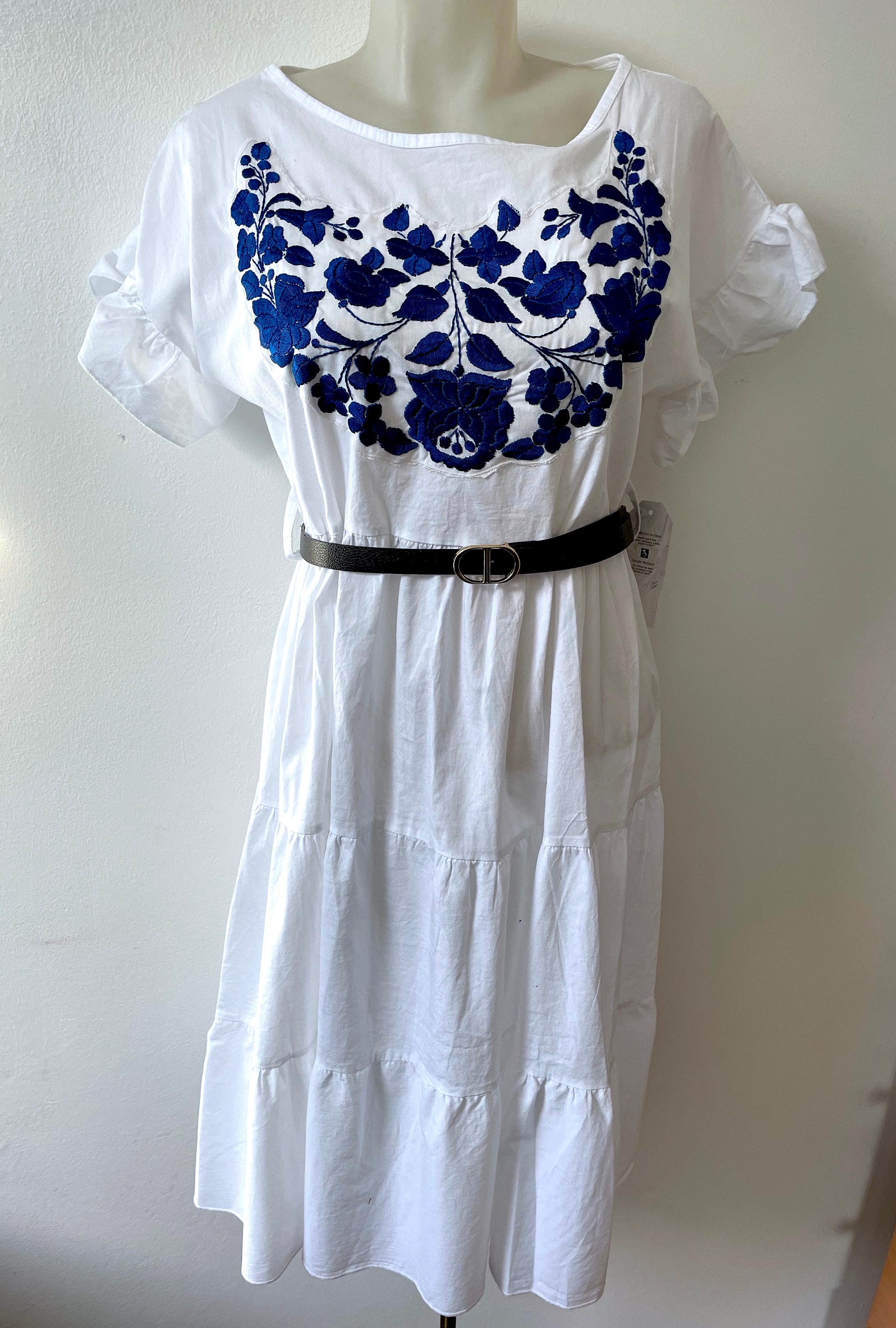 White and blue embroidered cotton dress. Hungarian traditional embroidery