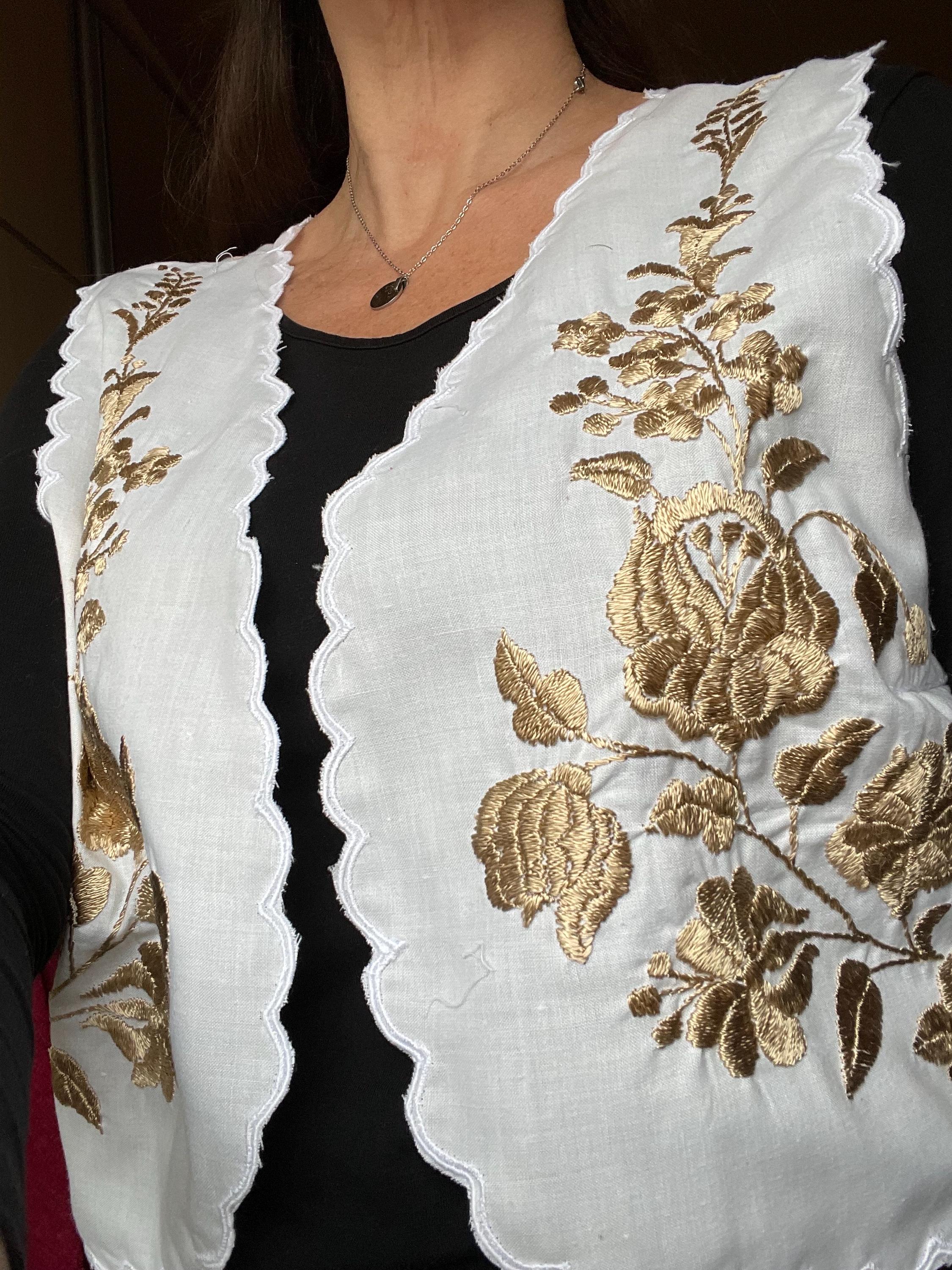 Handmade Hungarian Embroidered Vest: Golden Silk Floral Waistcoat