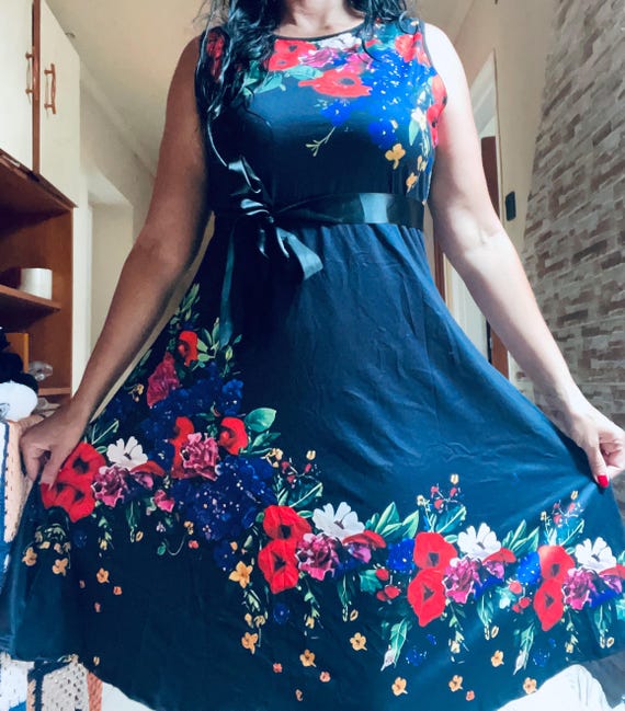 Floral Print Black Knit Dress: Cotton Blend, Size L