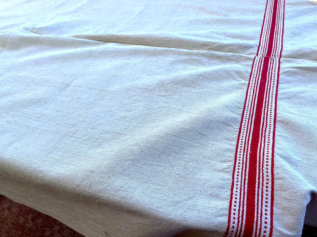European Antique Linen Tablecloth, Red Striped Hungarian Vintage