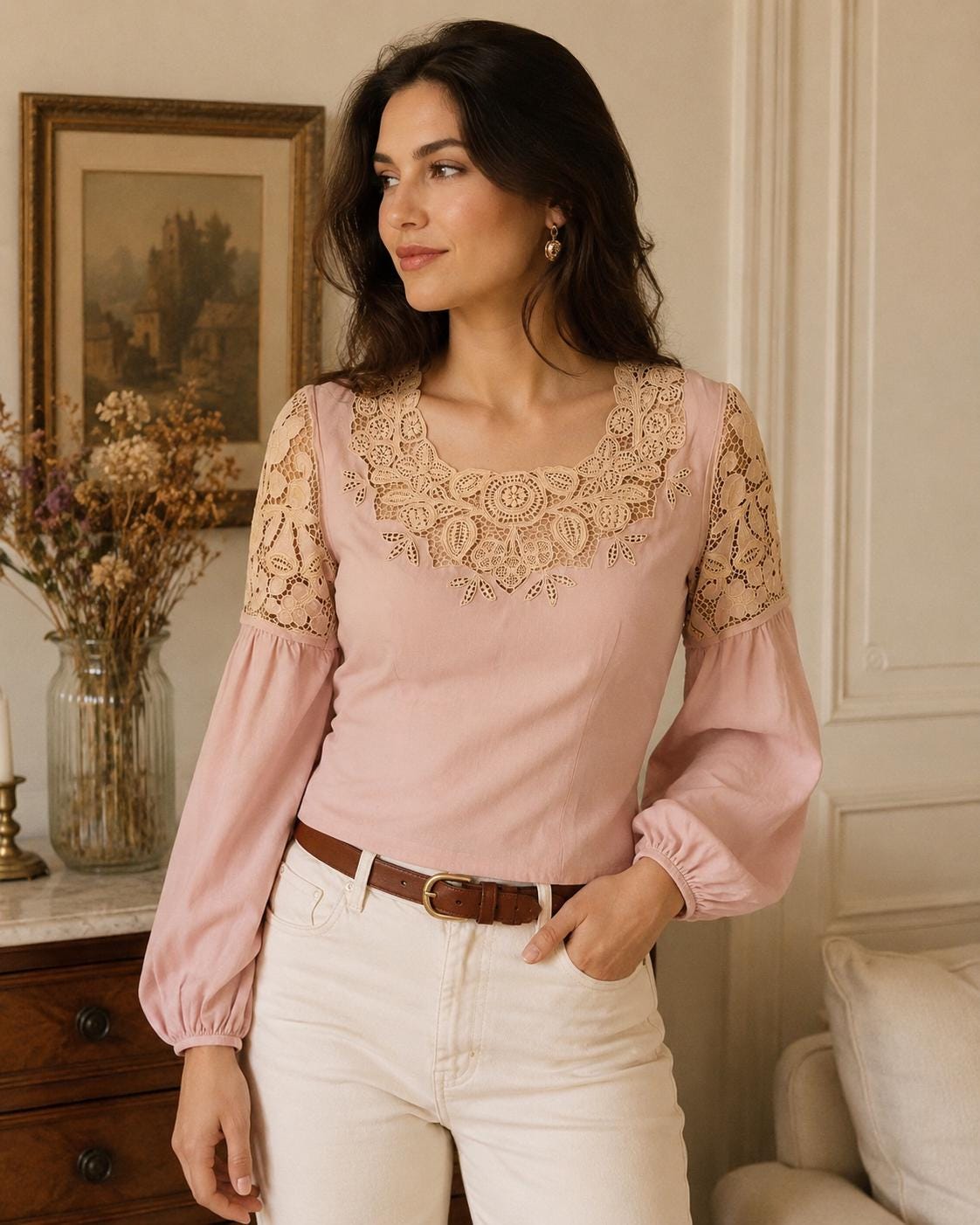 Vintage Hungarian Lace Blouse Pink Puff Sleeve Folk Top