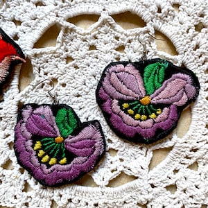 Hungarian Floral Embroidered Earrings: Handmade Vintage Jewelry