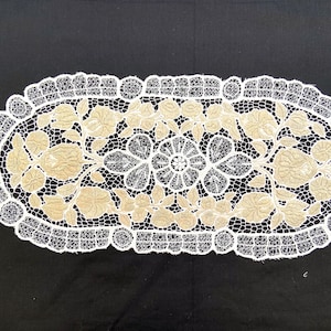 Beige and white Hungarian doily. Hand embroidery floral table top. Authentic floral Hungarian lace.