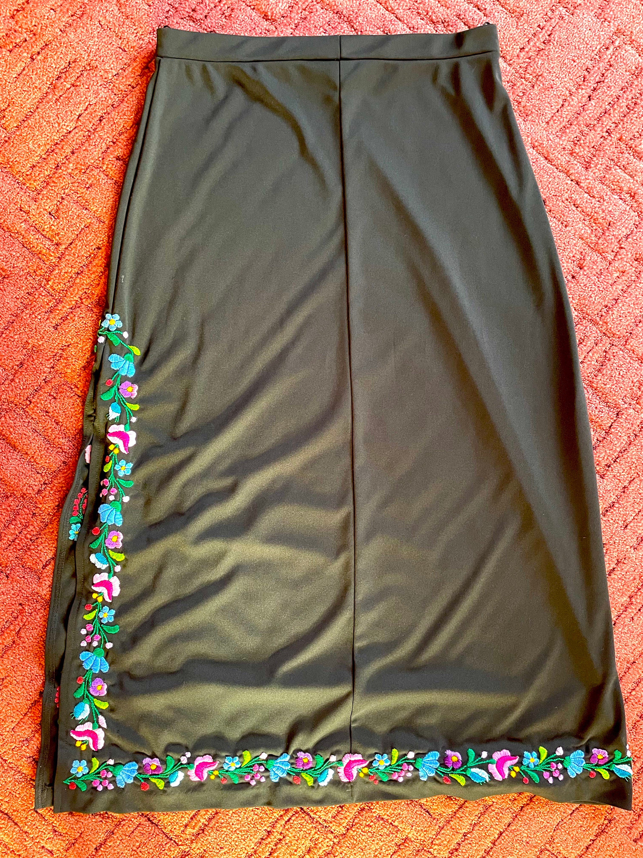 Handmade Hungarian Embroidered Black Skirt: Floral Vintage