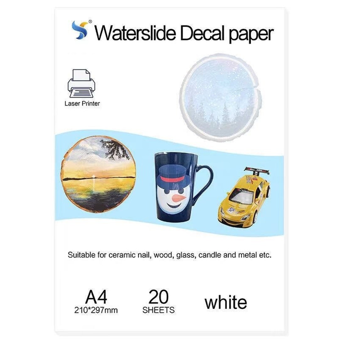 Waterslide Decal Paper for LASER PRINTERS 20 Sheets, A4 Size, White or