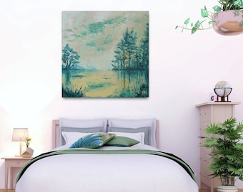 IN THE GREEN BACKGROUND, original oil painting, impressionism, wall decoration, nature, abstract art, sea, horizon