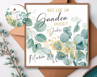 Gnadenhochzeit Karte 70 Jahre Ehe | personalisierte Klappkarte mit Namen & Geschenkanhänger | Aquarell Handmade