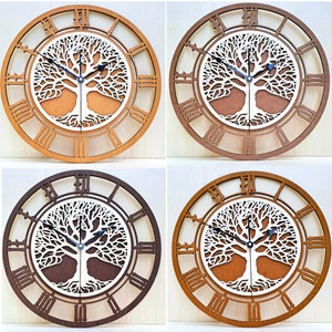 RUSTISCH, Wanduhr aus Holz,BAUM DES LEBENS, Wanddekor, Uhr für Schlafzimmer, Wohnzimmer, lautlose Wanduhr, Laubsägearbeit, handgemacht, verzierte Uhr