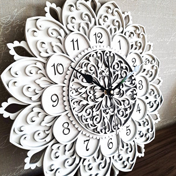 MANDALA, grande relógio de parede de madeira, chique vintage francês, multicamadas, ornamento exclusivo, relógio ornamentado incomum, relógio silencioso, treliça, presente