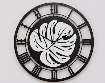 MONSTERA Wall clock, tropical, jungle, coastal wall clock, leaf ,unusual wooden clock, plants, silent wall clock, fretwork